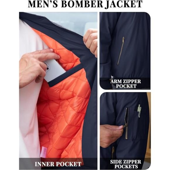 Mens Bomber Jacket Warm Full Zip Casual Padded Windbreaker Fall Winter Coat - Picture 5 of 7